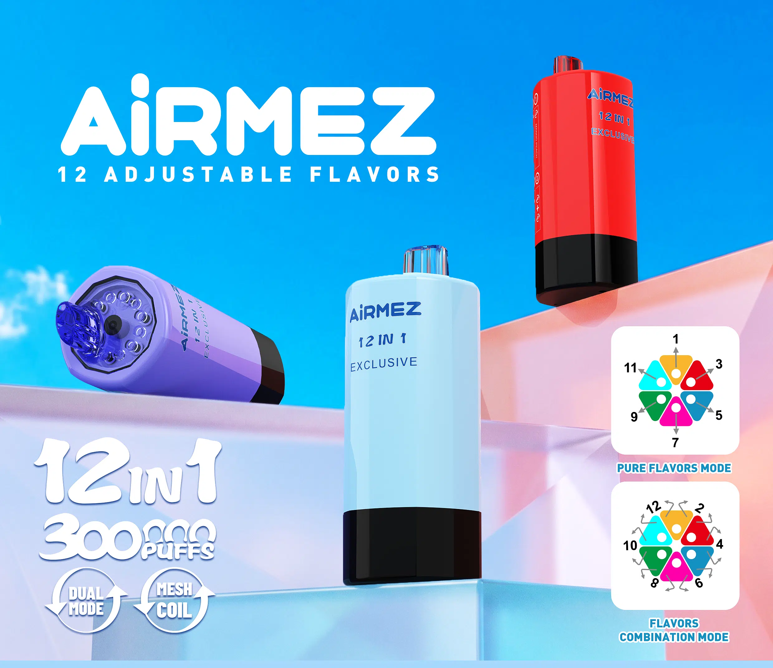 AIRMEZ Fox 12in1 300000 puffs disposable vape — 6 tanks, 90ml, 12 flavor positions, Dual Mesh Coil, BMS