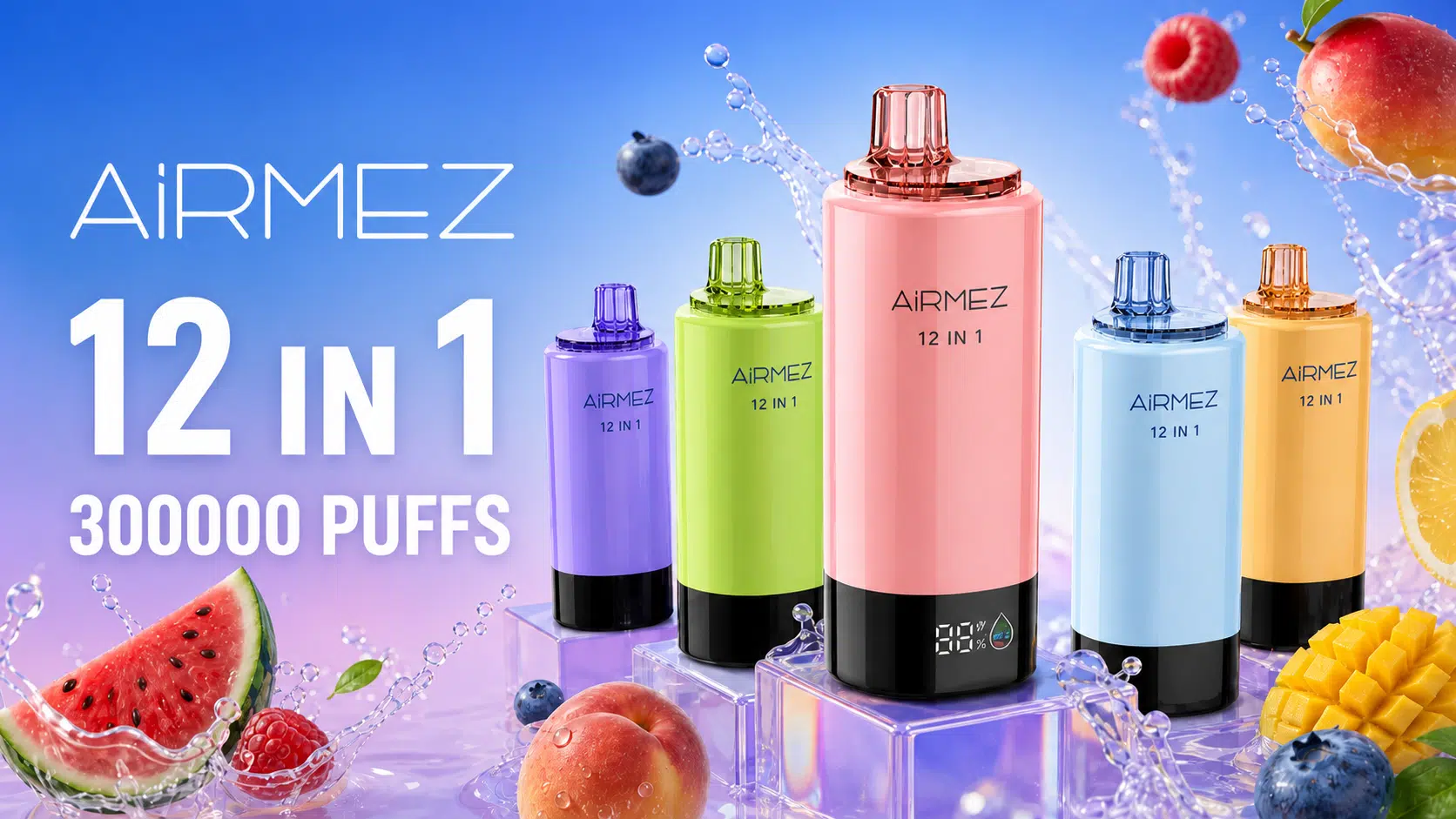 AIRMEZ Fox 12in1 300000 puffs disposable vape — 6 tanks, 90ml, 12 flavor positions, the first one 12in1