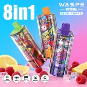 WASPE 8in1 Crystal 180000 puffs eight-mode octa-switchable disposable vape — 68ml quad-reservoir, 4×1.0ohm mesh coils 1:1, pull-up rotary switching 4 single + 4 dual-blend modes, LED display, 650mAh Type-C, 12 four-flavor sets, EU warehouse wholesale