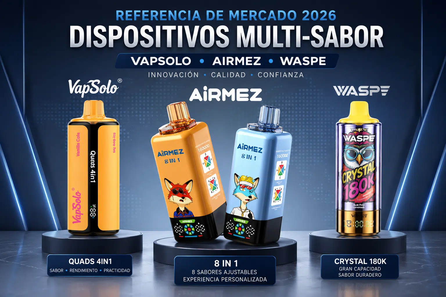 Vapes Multi-Sabor 2026 — Vapsolo, AIRMEZ y Waspe